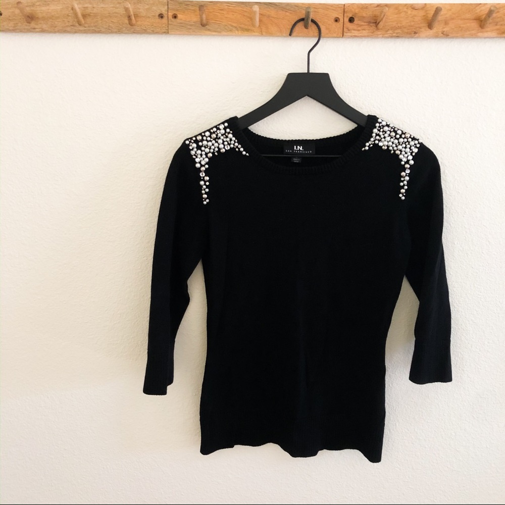 I.N. San Francisco Black Sweater Pearled Shoulders